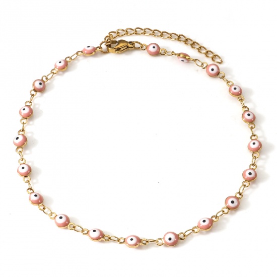 Immagine di 1 Pz Placcatura Sottovuoto PVD Ecologica 304 Acciaio Inossidabile Religione Catena Cavigliere Placcato Oro 18K Rosa Smalto Malocchio 24cm lunghezza