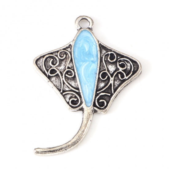 Picture of Zinc Based Alloy Ocean Jewelry Charms Antique Silver Color Blue Manta Ray Fish Enamel 3cm x 2.2cm, 10 PCs