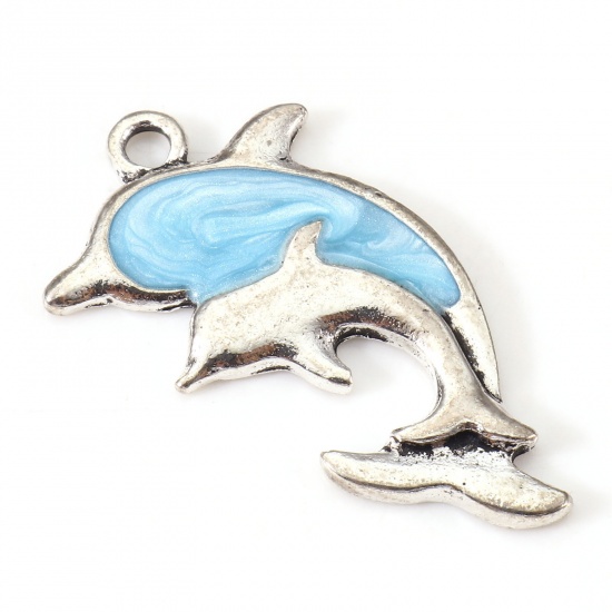 Picture of Zinc Based Alloy Ocean Jewelry Charms Antique Silver Color Blue Dolphin Animal Enamel 28mm x 16mm, 10 PCs