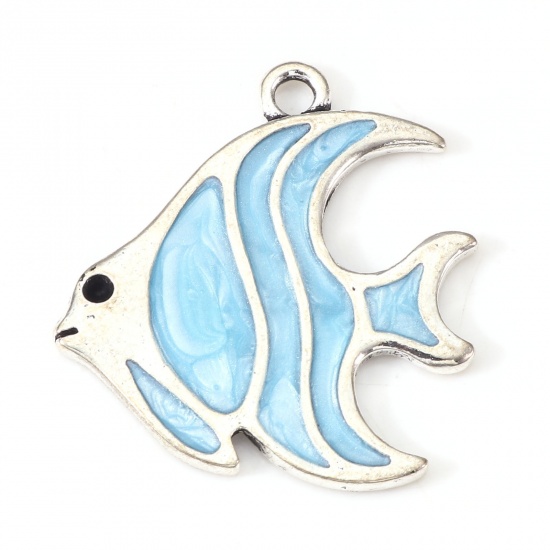 Picture of Zinc Based Alloy Ocean Jewelry Charms Antique Silver Color Blue Tropical Fish Enamel 27mm x 25mm, 10 PCs