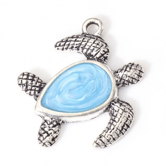 Picture of Zinc Based Alloy Ocean Jewelry Charms Antique Silver Color Blue Tortoise Animal Enamel 23mm x 21mm, 10 PCs
