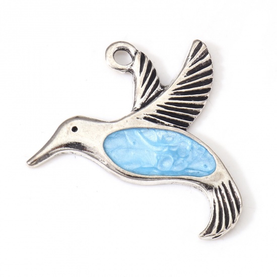 Picture of Zinc Based Alloy Charms Antique Silver Color Blue Bird Animal Enamel 27mm x 25mm, 10 PCs