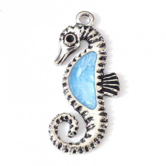 Picture of Zinc Based Alloy Ocean Jewelry Pendants Antique Silver Color Blue Seahorse Animal Enamel 3.2cm x 1.4cm, 10 PCs