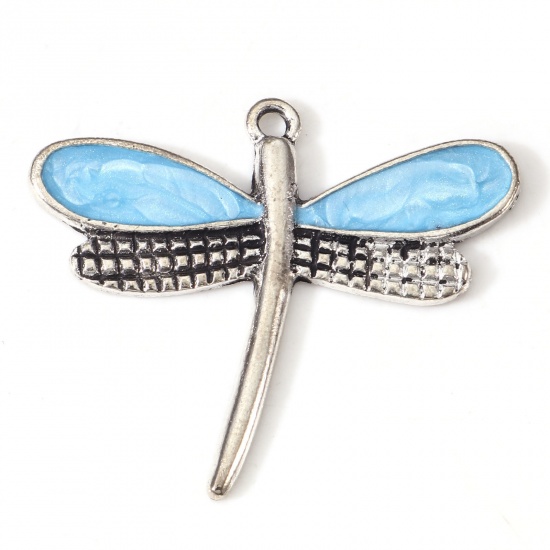 Picture of Zinc Based Alloy Insect Pendants Antique Silver Color Blue Dragonfly Animal Enamel 3.5cm x 2.9cm, 10 PCs