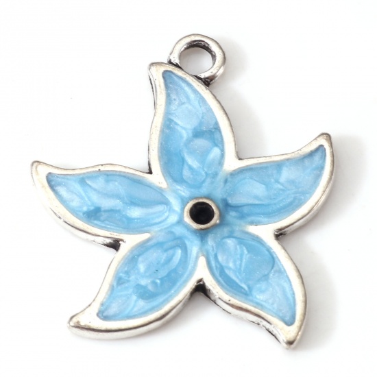Picture of Zinc Based Alloy Ocean Jewelry Charms Antique Silver Color Blue Star Fish Enamel 25mm x 23mm, 10 PCs