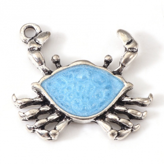 Picture of Zinc Based Alloy Ocean Jewelry Charms Antique Silver Color Blue Crab Animal Enamel 23.5mm x 21mm, 10 PCs
