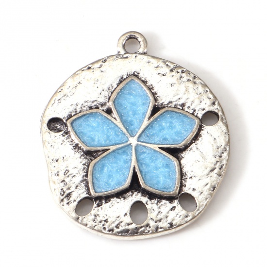 Picture of Zinc Based Alloy Charms Antique Silver Color Blue Round Sand Dollar Enamel 26.5mm x 23mm, 10 PCs