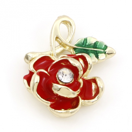 Picture of Zinc Based Alloy Valentine's Day Charms Gold Plated Red Rose Flower Enamel Clear Rhinestone 19mm x 15mm, 10 PCs