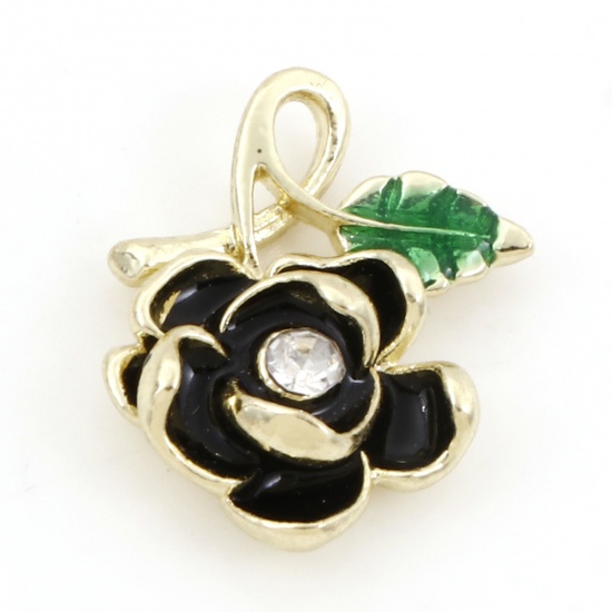 Picture of Zinc Based Alloy Valentine's Day Charms Gold Plated Black Rose Flower Enamel Clear Rhinestone 19mm x 15mm, 10 PCs