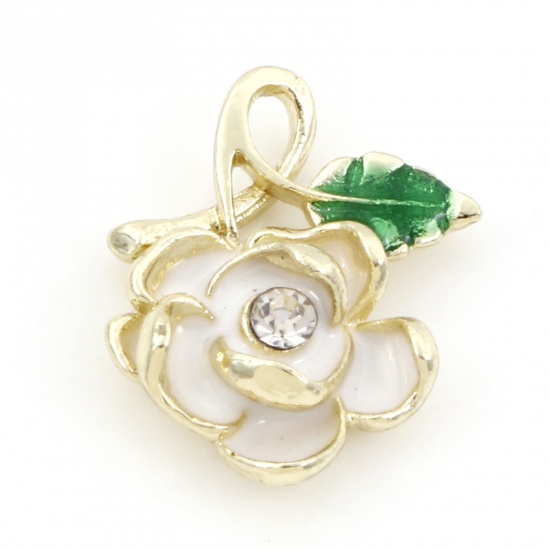 Picture of Zinc Based Alloy Valentine's Day Charms Gold Plated White Rose Flower Enamel Clear Rhinestone 19mm x 15mm, 10 PCs