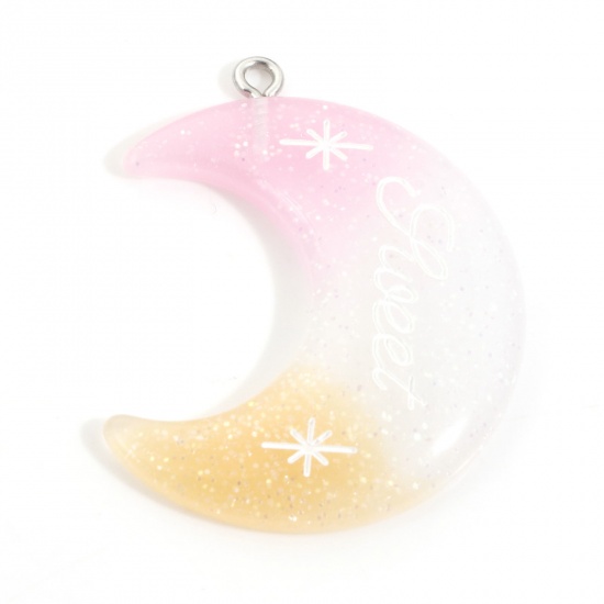 Picture of Resin Galaxy Pendants Half Moon Message " sweet " Multicolor Glitter 3.9cm x 3.1cm, 5 PCs
