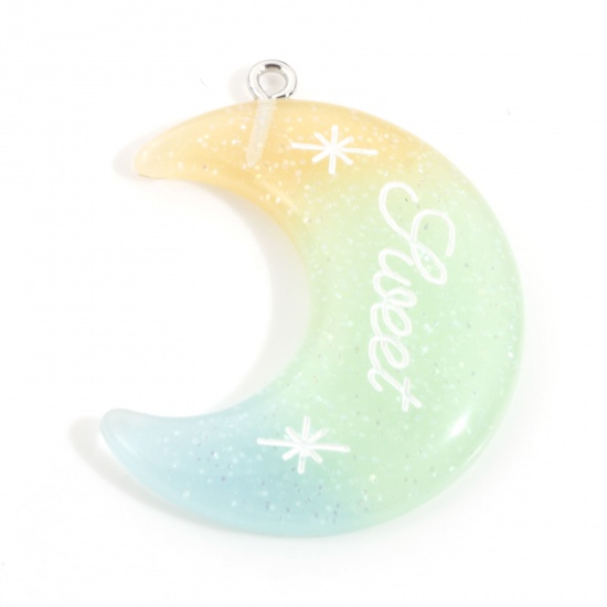 Picture of Resin Galaxy Pendants Half Moon Message " sweet " Multicolor Glitter 3.9cm x 3.1cm, 5 PCs