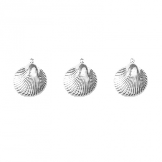 Picture of Eco-friendly 304 Stainless Steel Ocean Jewelry Charms Silver Tone Shell Texture 15mm x 17mm, 2 PCs