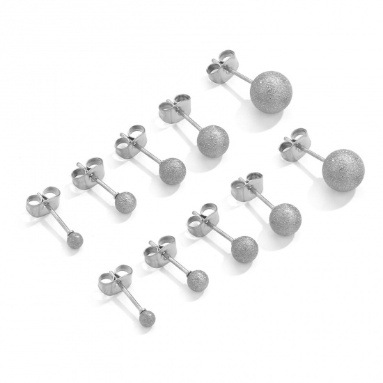 Picture of 304 Stainless Steel Ear Post Stud Earrings Ball Silver Tone Sparkledust 3mm Dia., Post/ Wire Size: (20 gauge), 10 PCs