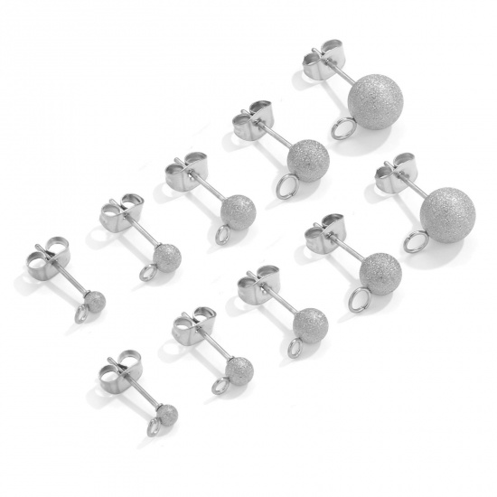 Picture of 304 Stainless Steel Ear Post Stud Earring With Loop Connector Accessories Ball Silver Tone Sparkledust 5mm Dia., Post/ Wire Size: (20 gauge), 10 PCs