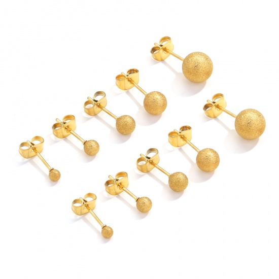 Picture of 304 Stainless Steel Ear Post Stud Earrings Ball 18K Gold Color Sparkledust 3mm Dia., Post/ Wire Size: (20 gauge), 10 PCs