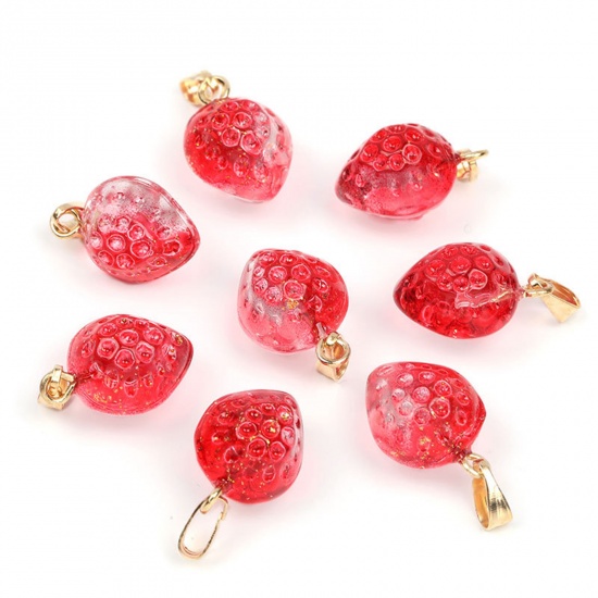 Picture of Lampwork Glass Charms Red Strawberry Fruit Gradient Color 14mm x 12mm, 10 PCs