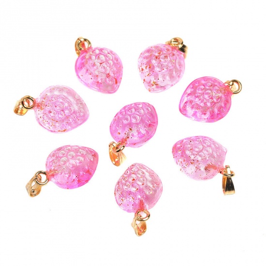 Picture of Lampwork Glass Charms Pink Strawberry Fruit Gradient Color 14mm x 12mm, 10 PCs