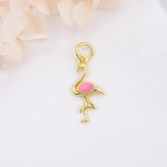 Picture of Brass Charms Gold Plated Pink Flamingo Enamel 25mm x 10mm, 1 Piece                                                                                                                                                                                            