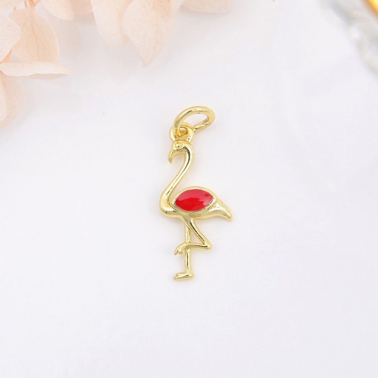 Picture of Brass Charms Gold Plated Red Flamingo Enamel 25mm x 10mm, 1 Piece                                                                                                                                                                                             