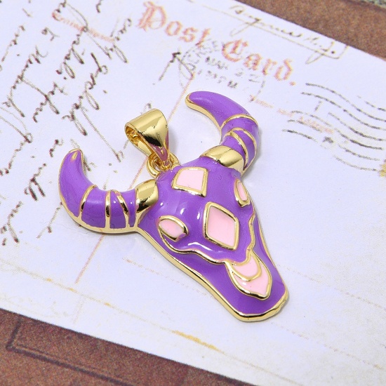 Picture of Brass Boho Chic Bohemia Charms Gold Plated Purple Taren Enamel 27mm x 23mm, 1 Piece                                                                                                                                                                           