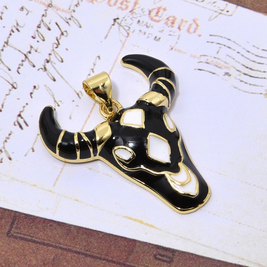 Picture of Brass Boho Chic Bohemia Charms Gold Plated Black Taren Enamel 27mm x 23mm, 1 Piece                                                                                                                                                                            