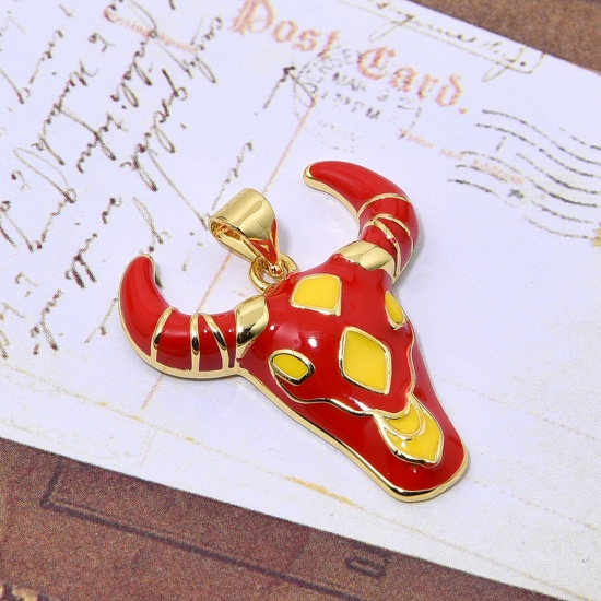 Picture of Brass Boho Chic Bohemia Charms Gold Plated Red Taren Enamel 27mm x 23mm, 1 Piece                                                                                                                                                                              