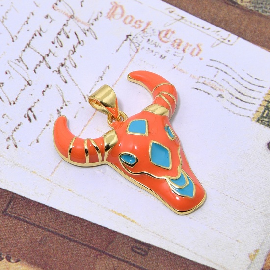 Picture of Brass Boho Chic Bohemia Charms Gold Plated Orange Taren Enamel 27mm x 23mm, 1 Piece                                                                                                                                                                           