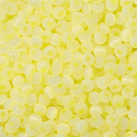 Picture of Glass Seed Beads Round Rocailles Lemon Yellow Cat's Eye Imitation About 4mm Dia., Hole: Approx 1mm, 10 Grams