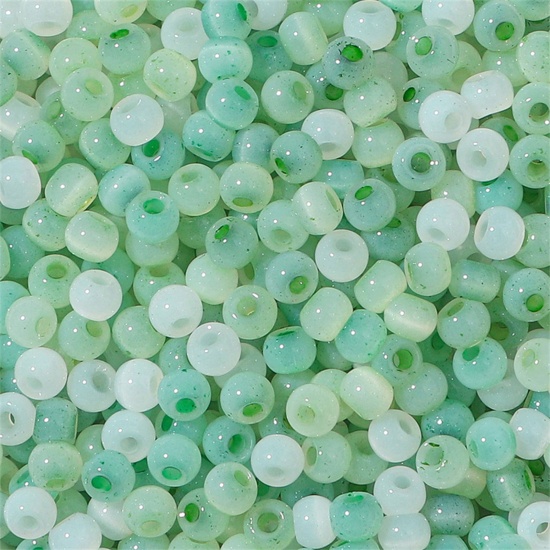 Picture of Glass Seed Beads Round Rocailles White & Green Cat's Eye Imitation About 4mm Dia., Hole: Approx 1mm, 10 Grams