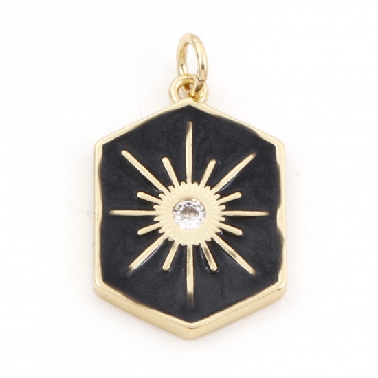 Picture of Brass Galaxy Charms 18K Real Gold Plated Black Hexagon Star Enamel Clear Cubic Zirconia 26mm x 15mm, 1 Piece                                                                                                                                                  