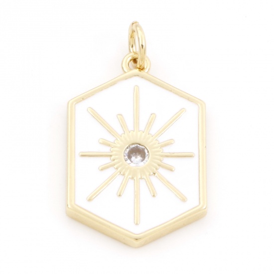 Picture of Brass Galaxy Charms 18K Real Gold Plated White Hexagon Star Enamel Clear Cubic Zirconia 26mm x 15mm, 1 Piece                                                                                                                                                  