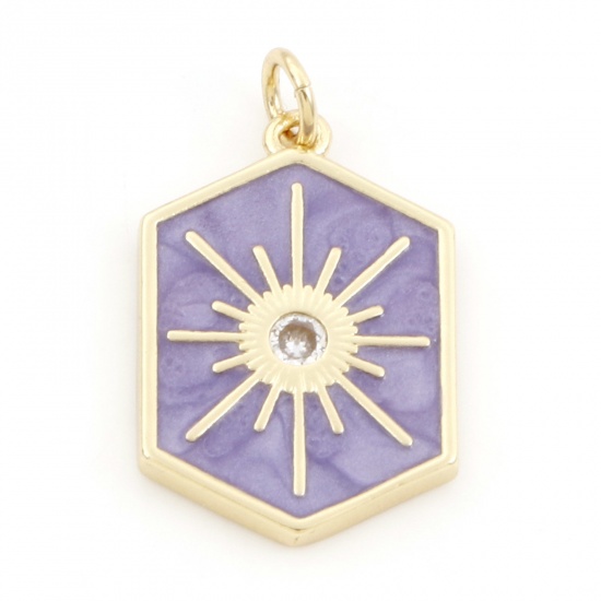 Picture of Brass Galaxy Charms 18K Real Gold Plated Purple Hexagon Star Enamel Clear Cubic Zirconia 26mm x 15mm, 1 Piece                                                                                                                                                 