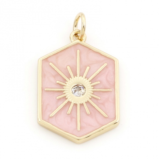 Picture of Brass Galaxy Charms 18K Real Gold Plated Pink Hexagon Star Enamel Clear Cubic Zirconia 26mm x 15mm, 1 Piece                                                                                                                                                   