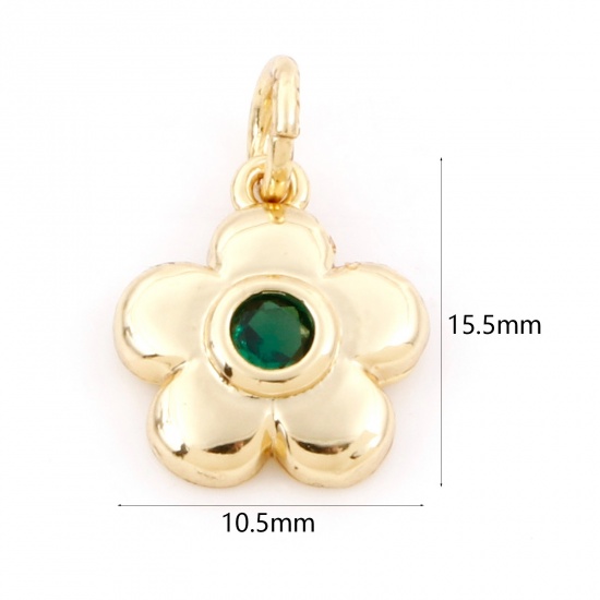 Immagine di Ottone Charms Fiore 18K Vero Oro Placcato Verde Scuro Cubic Zirconiae 15.5mm x 10.5mm, 1 Pz