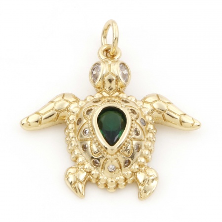 Picture of Brass Ocean Jewelry Charms 18K Real Gold Plated Sea Turtle Animal Micro Pave Green Cubic Zirconia Clear Rhinestone 26.5mm x 24mm, 1 Piece