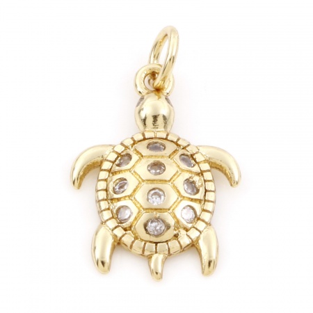 Picture of Brass Ocean Jewelry Charms 18K Real Gold Plated Sea Turtle Animal Micro Pave Clear Cubic Zirconia 22mm x 13mm, 1 Piece