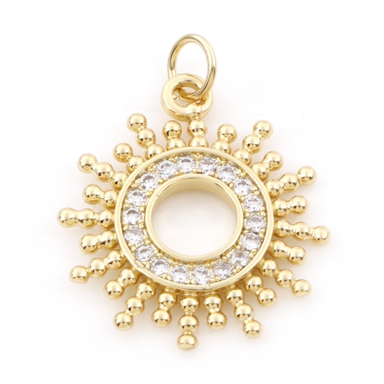 Picture of Brass Galaxy Charms 18K Real Gold Plated Sun Micro Pave Clear Cubic Zirconia 26mm x 20mm, 1 Piece