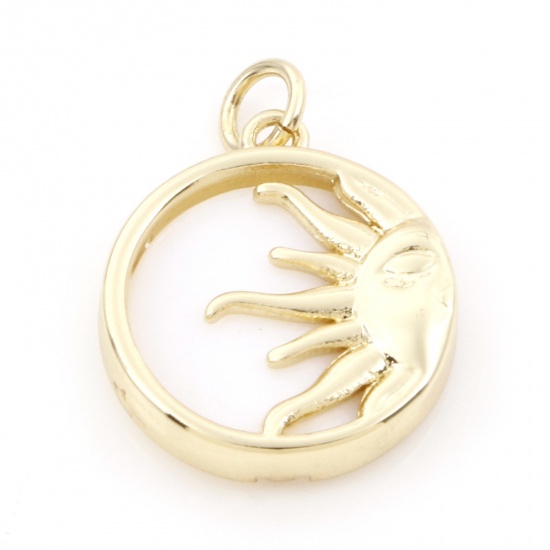 Picture of Natural Shell & Brass Galaxy Charms 18K Real Gold Plated Sun 22mm x 16mm, 1 Piece