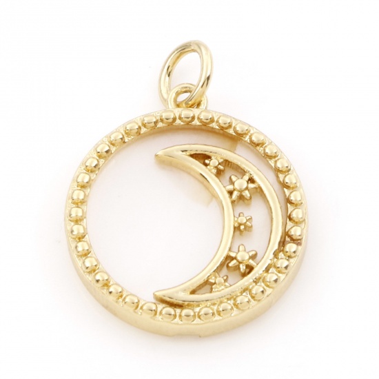 Image de Breloques Galaxie en Coquille Naturelle & Cuivre Demi Lune Plaqué Or Véritable 18K 21mm x 16mm, 1 Pièce
