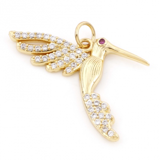 Picture of Brass Micro Pave Charms 18K Real Gold Plated Hummingbird Clear & Red Cubic Zirconia 26mm x 25mm, 1 Piece