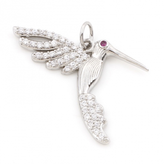 Picture of Brass Micro Pave Charms Real Platinum Plated Hummingbird Clear & Red Cubic Zirconia 26mm x 25mm, 1 Piece