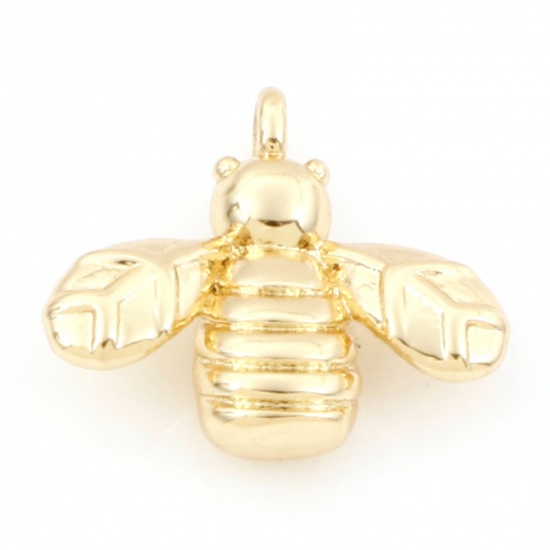 Imagen de Latón Colgantes Charms Abejas 18K Oro Real Chapado 3D 13mm x 12mm, 2 Unidades