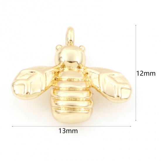 Imagen de Latón Colgantes Charms Abejas 18K Oro Real Chapado 3D 13mm x 12mm, 2 Unidades