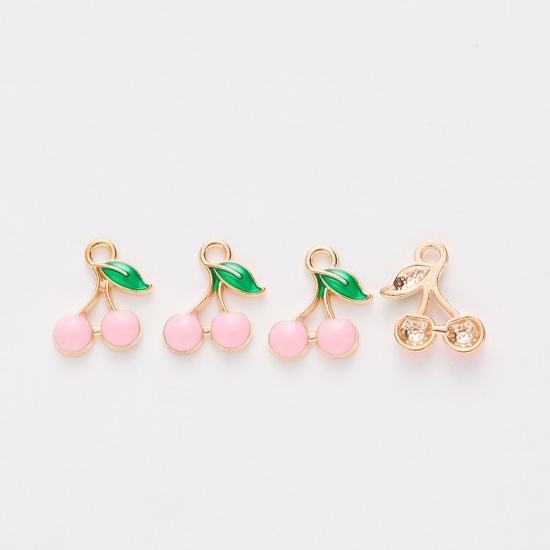 Picture of Zinc Based Alloy Charms Gold Plated Pink Cherry Fruit Enamel 13mm x 10mm, 20 PCs