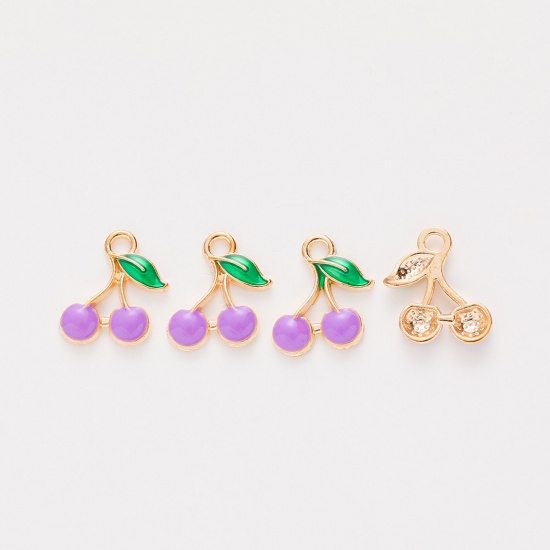 Picture of Zinc Based Alloy Charms Gold Plated Purple Cherry Fruit Enamel 13mm x 10mm, 20 PCs