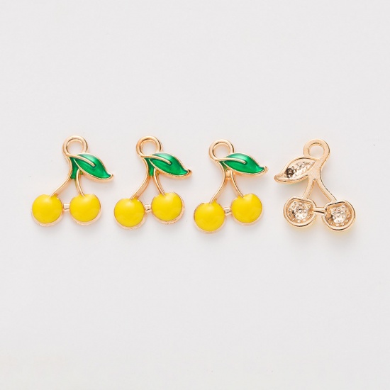 Picture of Zinc Based Alloy Charms Gold Plated Yellow Cherry Fruit Enamel 13mm x 10mm, 20 PCs