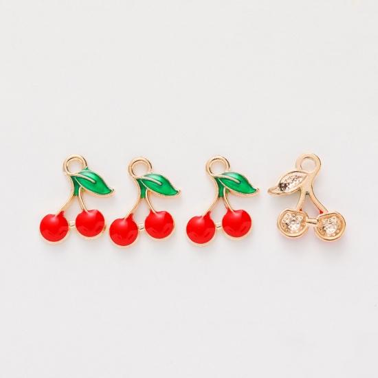 Picture of Zinc Based Alloy Charms Gold Plated Red Cherry Fruit Enamel 13mm x 10mm, 20 PCs