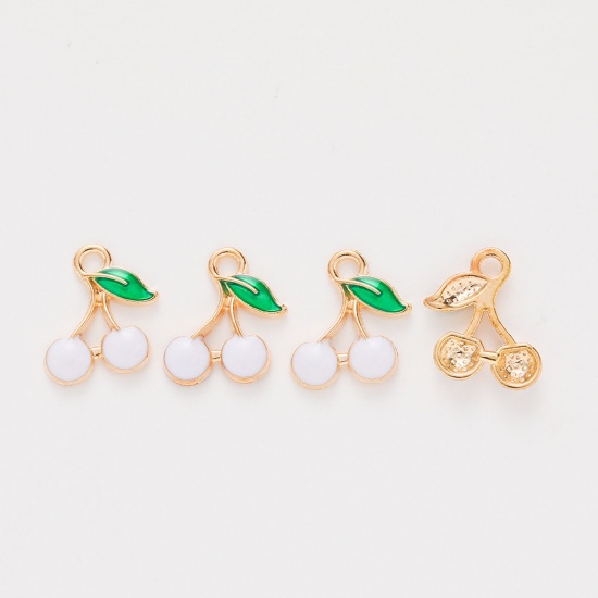 Picture of Zinc Based Alloy Charms Gold Plated White Cherry Fruit Enamel 13mm x 10mm, 20 PCs