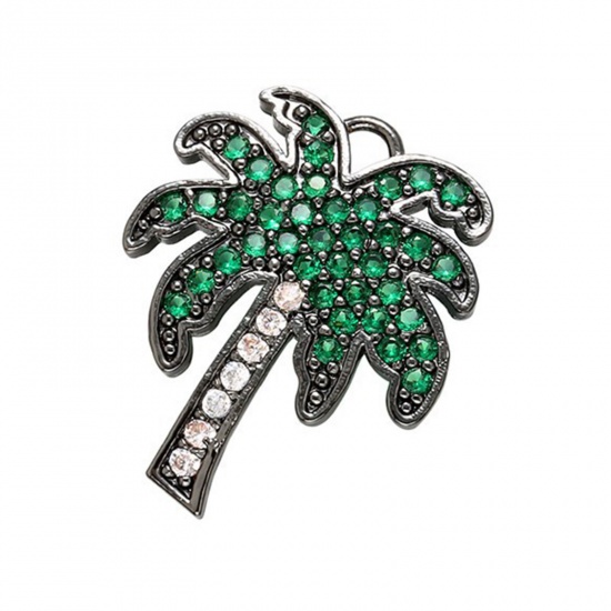 Picture of Brass Micro Pave Charms Gunmetal Coconut Palm Tree Green Cubic Zirconia 20mm x 16mm, 1 Piece